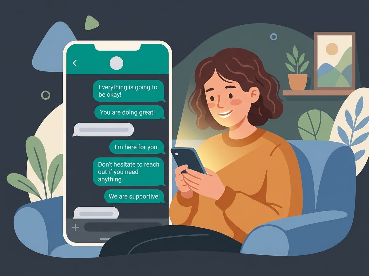 A person receiving supportive, caring advice from the Lifeline AI advisor through chat messages on their phone